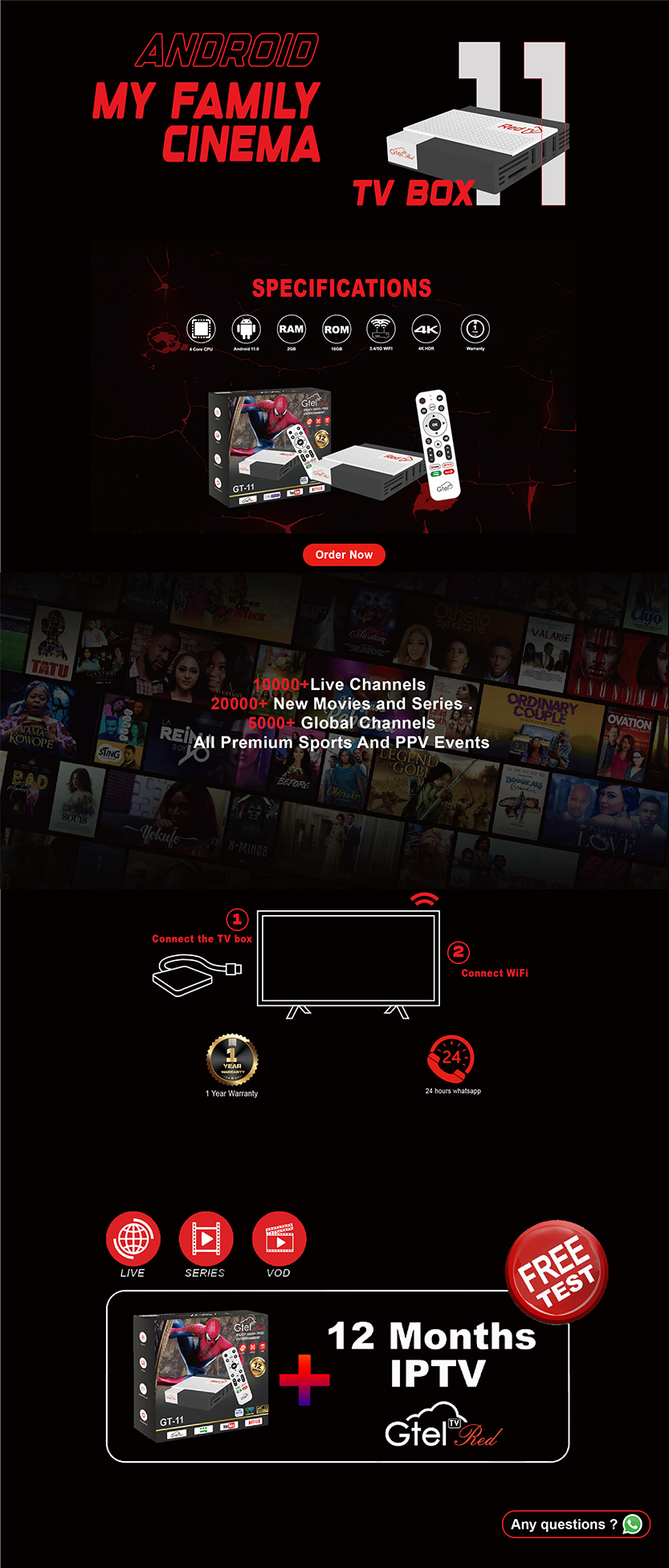 Gtel Red IPTV box 2 16G Subscription 1 Year Free Test For iptv reseller panel